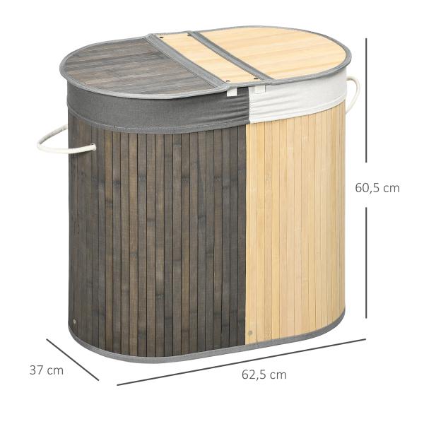 Cesto de Roupa de Bambu Capacidade de 100L com Tampa Rebatível e 2 Compartimentos 62,5x37x60,5cm Cinza e Madeira