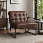 Cadeirão Chesterfield para Sala ou Escritório, Assento e Encosto Capitoné, Estrutura em Metal Preto, Pele Sintética Chocolate