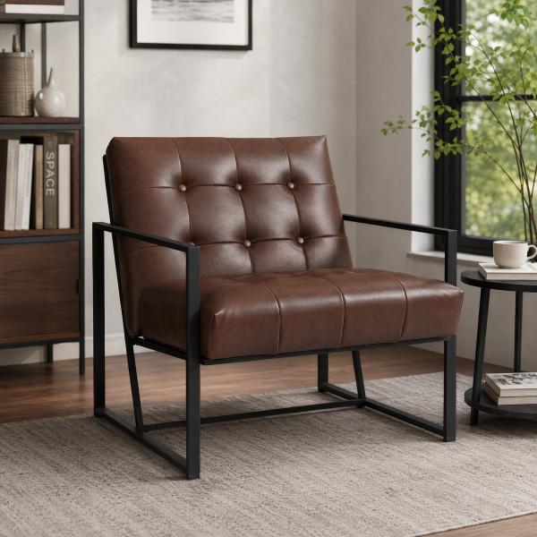 Cadeirão Chesterfield para Sala ou Escritório, Assento e Encosto Capitoné, Estrutura em Metal Preto, Pele Sintética Chocolate