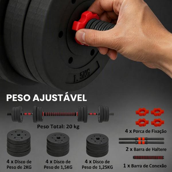 Conjunto de Halteres de 20 kg 2 em 1 com Barras de Conexão e Barra de Extensão Treinamento de Força e Levantamento de Pesos Preto