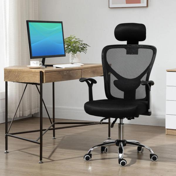 Cadeira de Escritório Ergonômica Cadeira de Escritório Giratória com Altura Ajustável Função Reclinável Apoio para a Cabeça e Suporte Lombar 65x67x108 - 118cm Preto