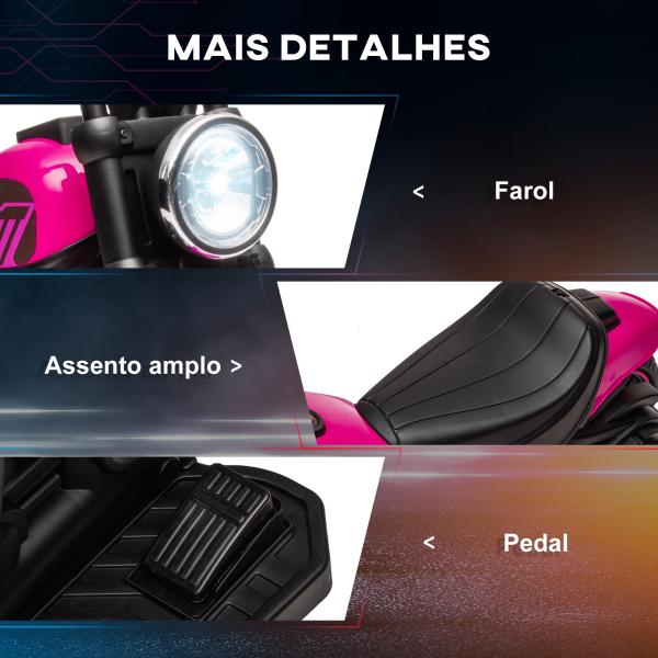 Motocicleta Elétrica para Crianças de 18 - 36 Meses com Bateria 6V Farol e Rodas Auxiliares Removíveis 76x42x57 cm Rosa