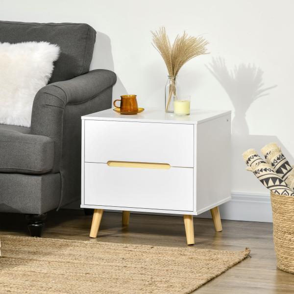 Mesa de Cabeceira com 2 Gavetas e Pés de Madeira Mesa de Cabeceira para Dormitório Estilo Moderno 50x40x50,5cm Branco