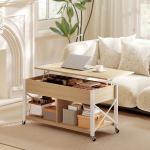 Mesa de Centro Elevatória com Rodas Compartimento Oculto e Prateleiras Abertas 105x50x67 cm Madeira e Branco