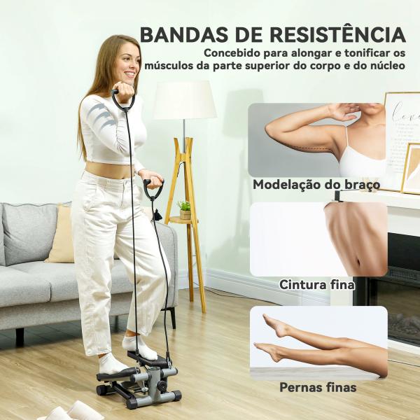 Mini Step Máquina de Step Compacta com Bandas de Resistência Monitor LCD Pedais Antiderrapantes e Ajustáveis em Altura 41x30,5x18,5 cm Cinza