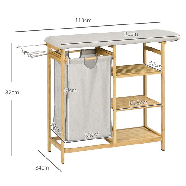 Cesto de Roupa Suja 57,4L com Tábua de Passar Suporte para Ferro 3 Prateleiras e Bolsa Removível 113x34x82 cm Madeira e Cinza