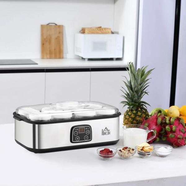 Iogurteira 30W Volume 1,44L com 8 Frascos de Cristal de 180ml Termostato Ajustável Temporizador de 1 - 48 Horas e Desligado Automático 36x18,8x14cm Prata