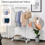 Charriot com Altura Ajustável Cabide com Rodas Portátil Prateleira Inferior Aço 68,5x42x87 - 145cm Branco e Prata