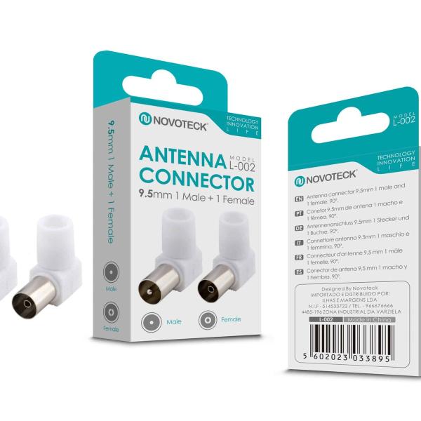 Conector de Antena em Ângulo NOVOTECK L-002 - Macho 9,5mm + Fêmea 90°, Conexão Segura e Durável