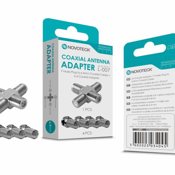Adaptador Coaxial de Antena NOVOTECK L-007 - Conector F Macho para 6.4mm, Pacote com 4, Alta Durabilidade