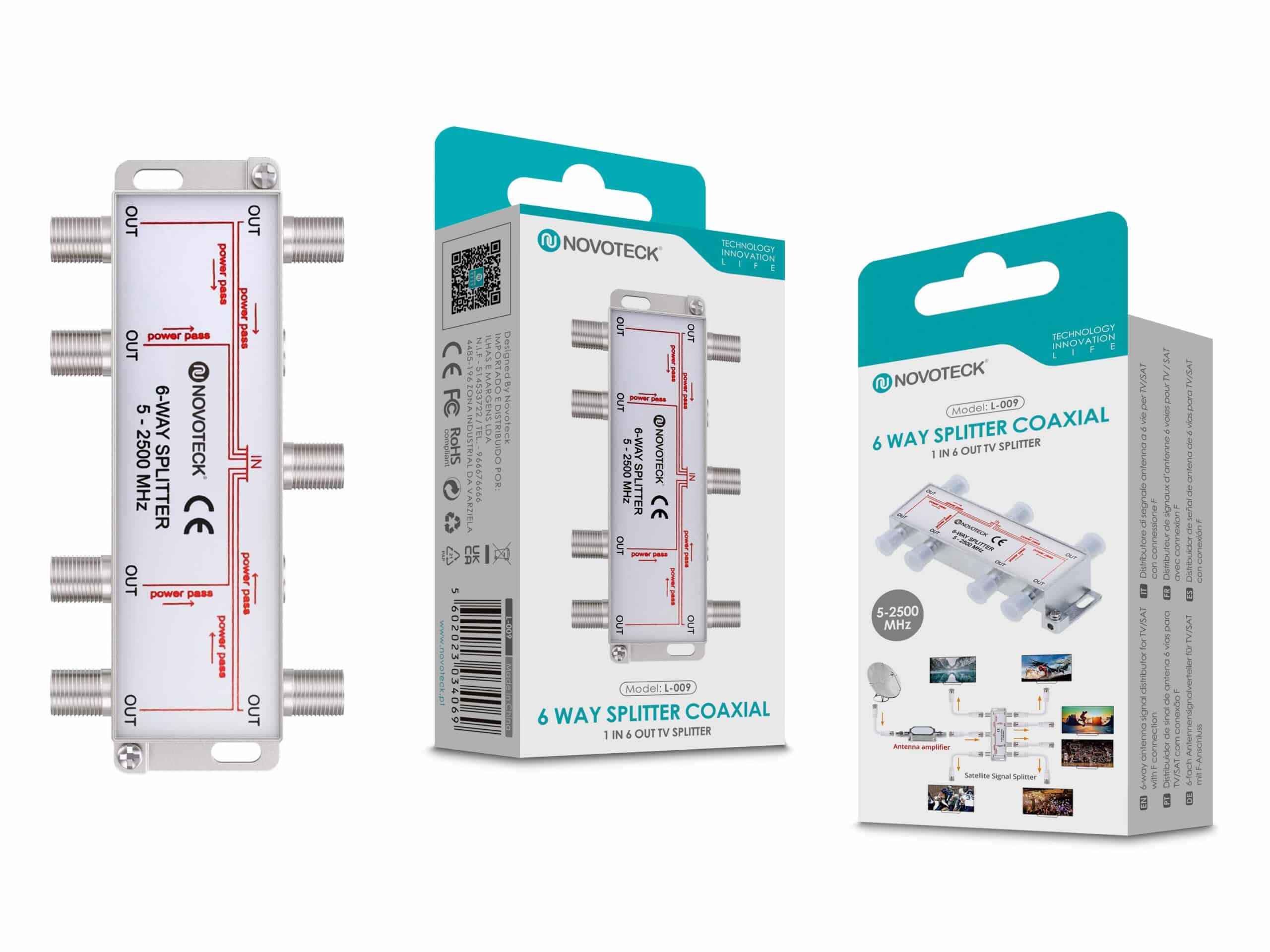 Divisor Coaxial de 6 Vias NOVOTECK L - 009 - 5 - 2500 MHz, Power Pass, Construção Metálica Durável