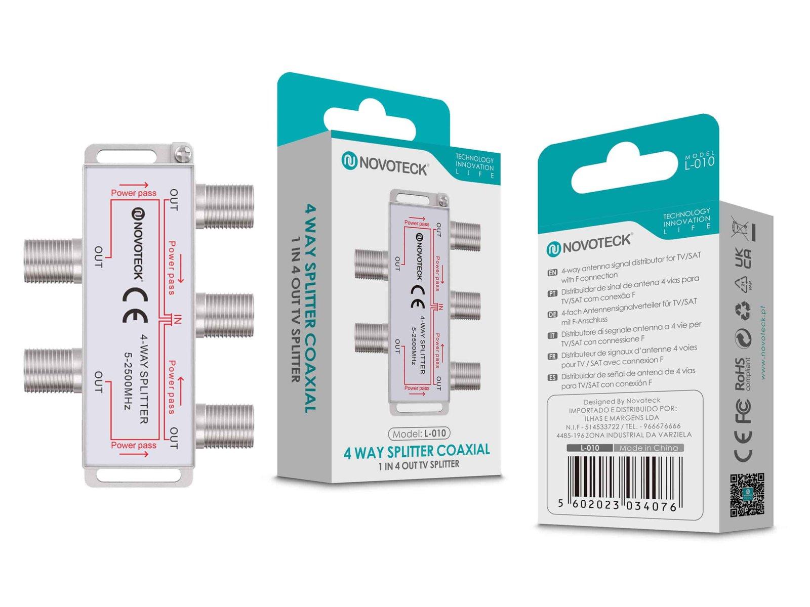 Divisor Coaxial de 4 Vias NOVOTECK L-010 - Compatível com TV/SAT, Power Pass, 5-2500 MHz