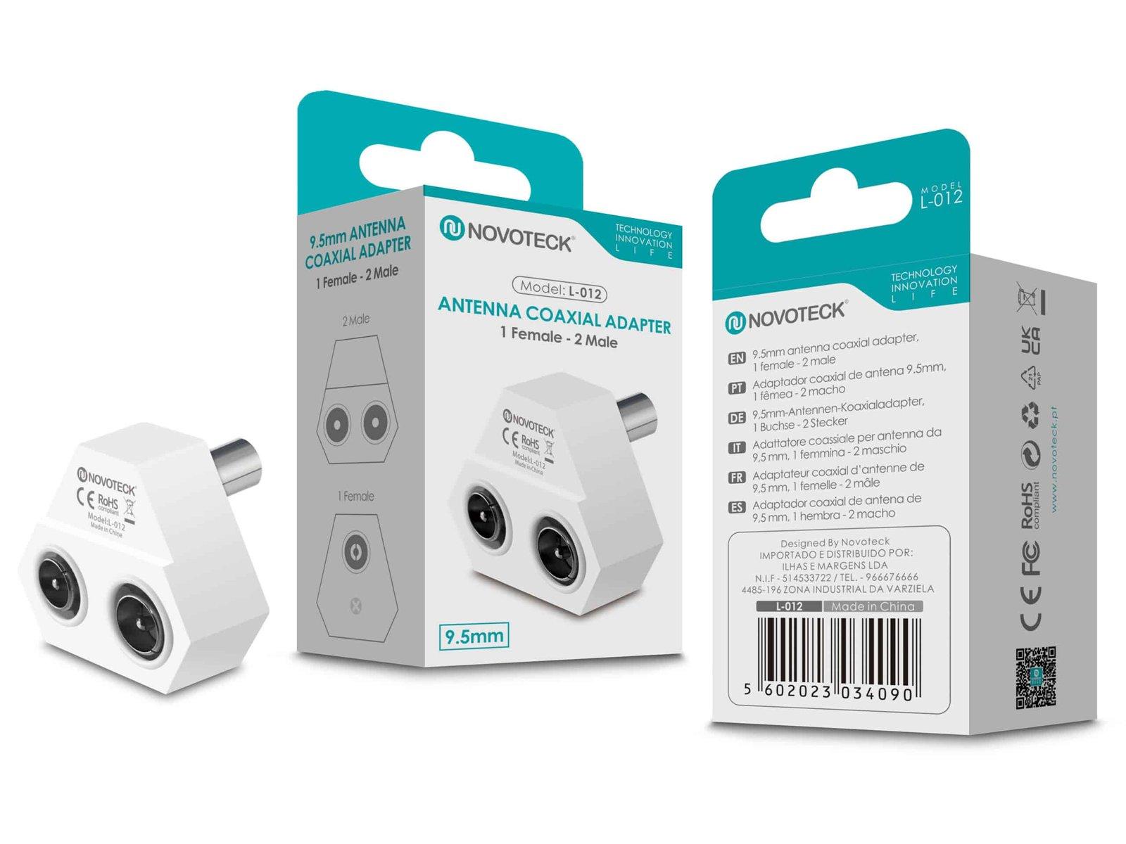 Adaptador Coaxial de Antena NOVOTECK L-012 - 1 Fêmea para 2 Macho, Alta Qualidade, Fácil Instalação