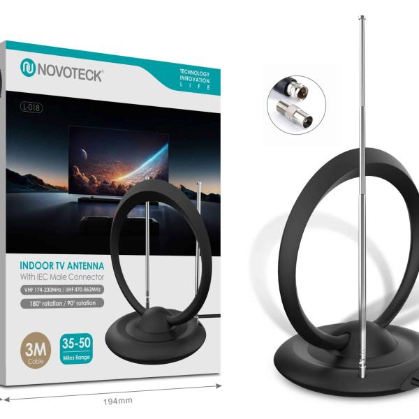 Antena de TV Interna Novoteck L - 018 – Alcance de 35 - 50 Milhas, VHF/UHF, Rotação de 180°, Cabo de 3m, Design Anel Duplo, Conector IEC Masculino