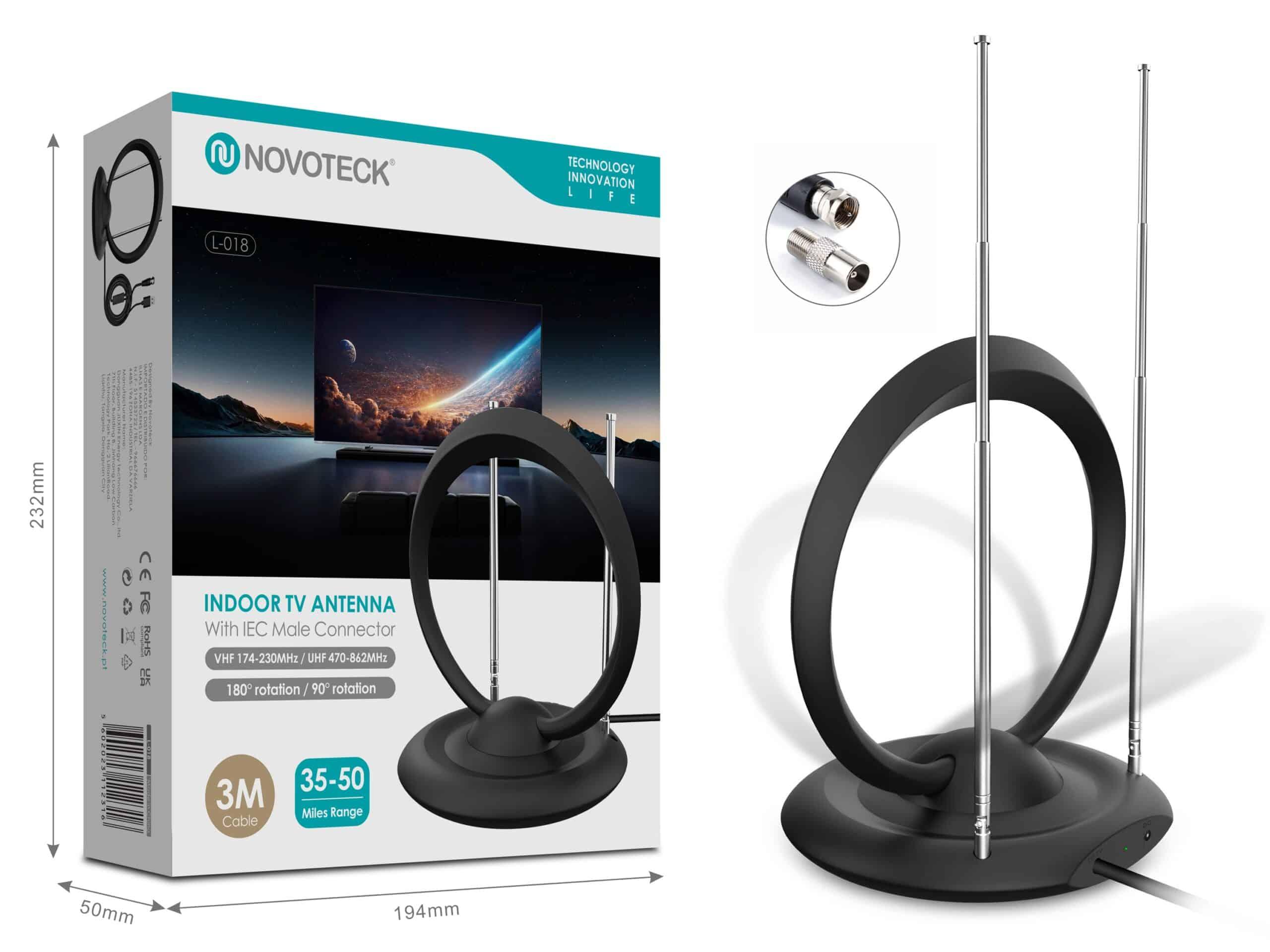 Antena de TV Interna Novoteck L - 018 – Alcance de 35 - 50 Milhas, VHF/UHF, Rotação de 180°, Cabo de 3m, Design Anel Duplo, Conector IEC Masculino