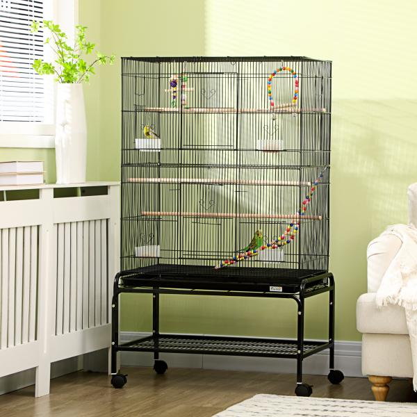 Gaiola para Pássaros com Rodas com 4 Comedouros 3 Poleiros Brinquedos Bandeja Amovível e Prateleira 79x49x133 cm Preto