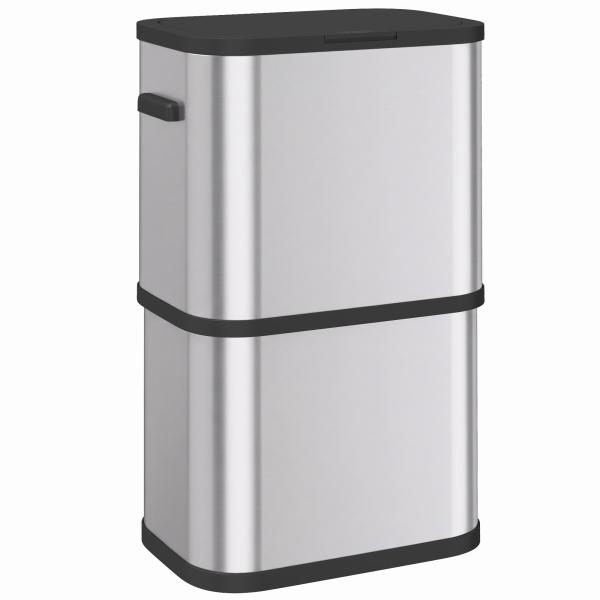 Caixote do Lixo 60 L em Aço Inoxidável, Estreito, com Suporte para Sacos, Tampa de Fecho Suave e Abertura por Toque, Prateado