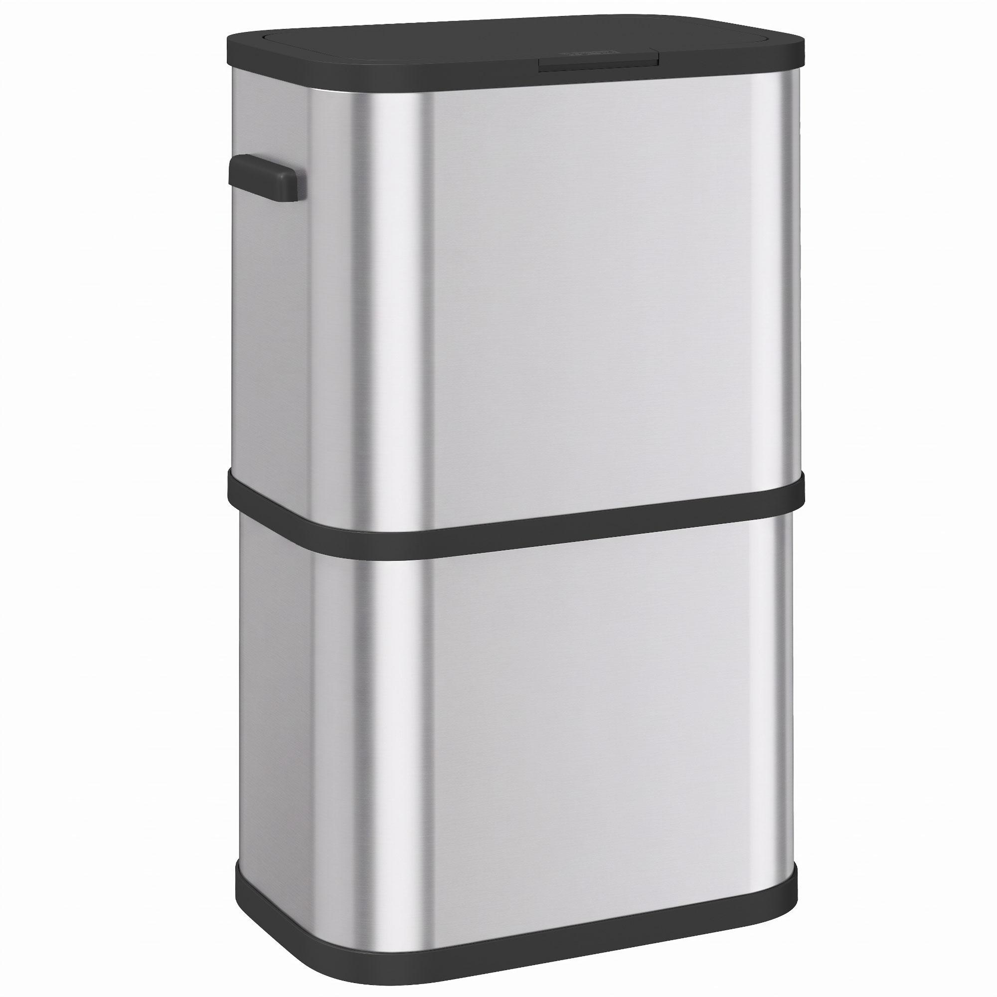 Caixote do Lixo 60 L em Aço Inoxidável, Estreito, com Suporte para Sacos, Tampa de Fecho Suave e Abertura por Toque, Prateado