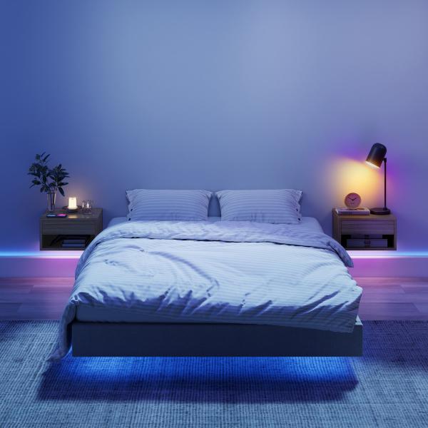 Conjunto de 2 Mesas de Cabeceira Flutuantes com Luzes LED RGB Controlo por APP e Prateleira Aberta 37x32x21 cm Madeira