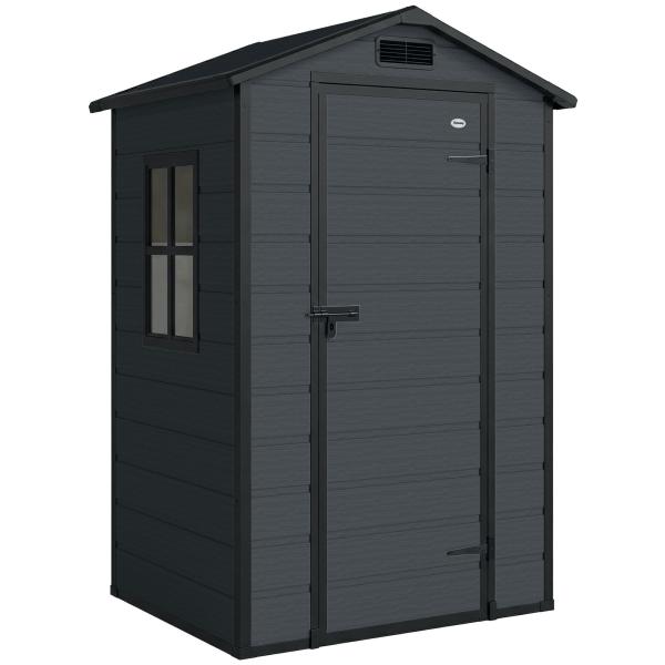 Abrigo de Jardim 1,09 m² 128x104x196 cm com Base Porta com Fechadura Janela e Ventilação, Cinzento Escuro