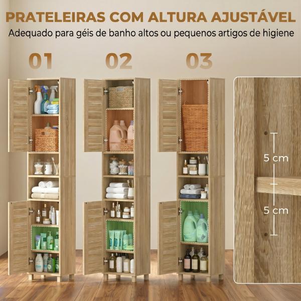 Coluna Casa de Banho Armário Alto de Casa de Banho com Prateleiras Ajustáveis Portas de Ripas Abertura por Pressão 34x23x170 cm Madeira