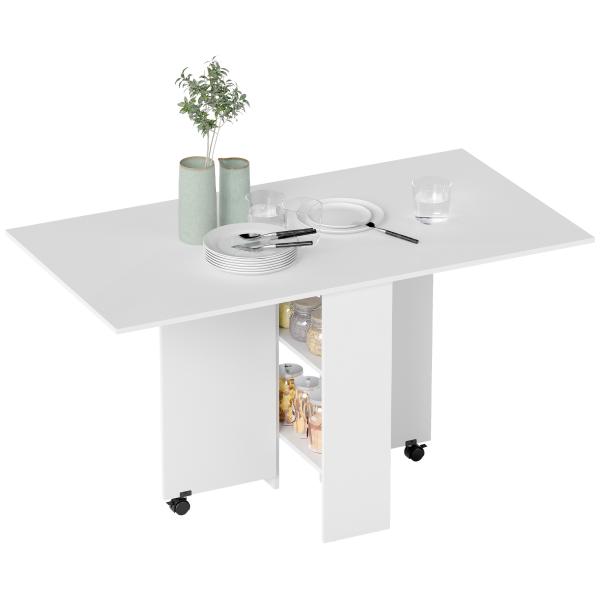 Mesa de Sala de Jantar Dobrável Mesa de Madeira com 2 Prateleiras de Armazenamento e Rodas para Cozinha 75x140x74 cm Branco