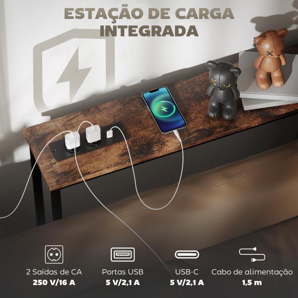 Mesa de Consola Estreita Consola com Estação de Carga Estrutura de Aço Estilo Industrial para 160x20x80 cm Marrom Rústico