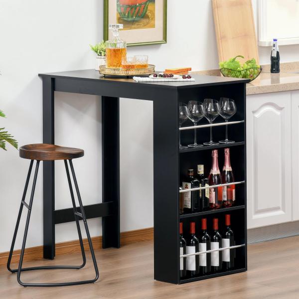 Mesa Bar de Bistrô com 3 Prateleiras com Suporte Estilo Moderno para Cozinha Sala de Estar Estrutura de Melamina 112x57x106cm Preto