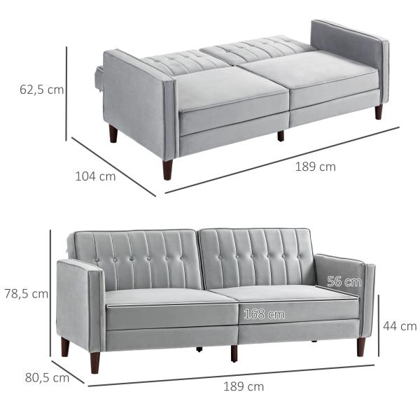 Sofá de 2 Lugares Convertível em Cama de Estofado Aveludado com Encosto Ajustável para Sala 189x80,5x78,5 cm Cinza Claro