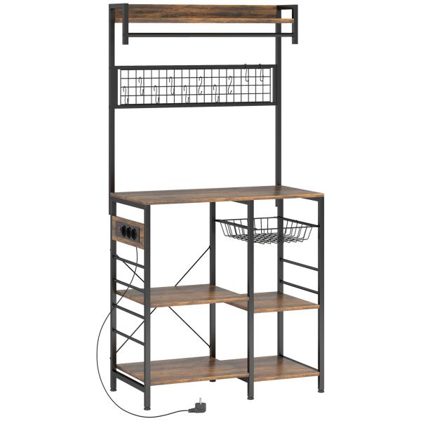 Estante de Cozinha com Três Tomadas e Luzes LED Estilo Industrial com Prateleiras para Micro - ondas 80x42x162 cm Castanho Rústico e Preto