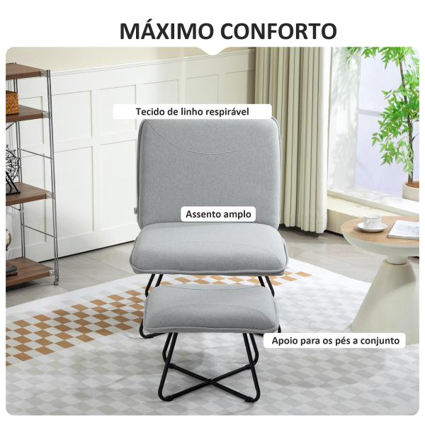 Poltrona Sala de Estar com Apoio para os Pés Poltrona Relax com Pés de Aço em Forma de Cruz Cinza Claro