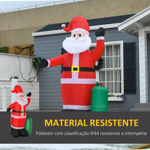 Pai Natal Insuflável com Saco de Presentes 3 Luzes LED IP44 e Inflador Elétrico Decoração de Natal para Interiores e Exteriores 148x85x240cm Vermelho e Verde