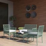 Conjunto de Jardim Exterior em Ratan Sintético com 2 Poltronas 1 Sofá de 2 Lugares 1 Mesa de Centro e Almofadas Verde