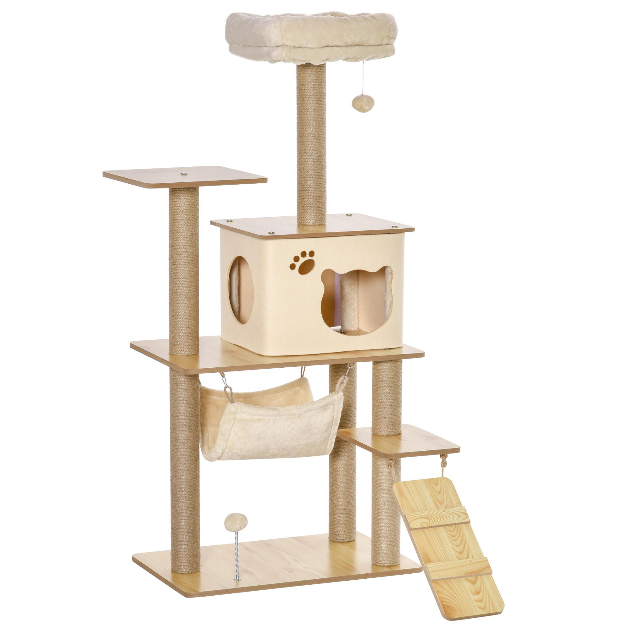 Árvore Arranhadora para Gatos Torre de Escalada com Plataformas Rede Escada Caverna Postes para Arranhar de Juta Bola Supensa e Descanso 60x40x130cm Bege