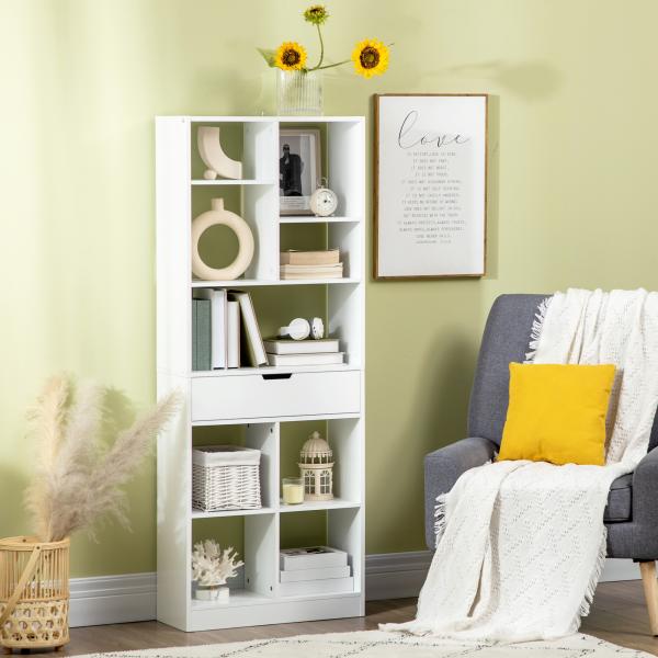 Estante de Madeira Estante para Livros com 1 Gaveta e 9 Compartimentos de Armazenamento 60x26x158cm Branco