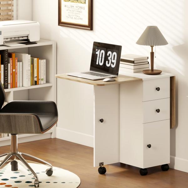 Mesa de Refeição com Rodas Mesa Abatível com 2 Gavetas e Armário Mesa Auxiliar Multifuncional 120x60x76,5 cm Branco