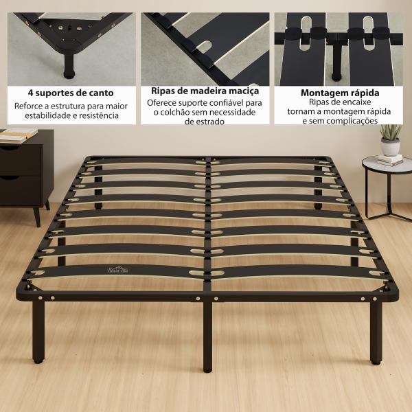 Estrutura de Cama 160x200 cm com Espaço de Armazenamento Abaixo e Ripas de Álamo Fácil de Montar Carga 350 kg Preto