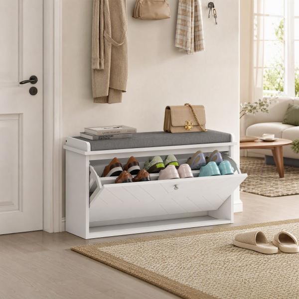 Banco Sapateira Moderno de Madeira com Prateleiras Ajustáveis e Almofada Acolchoada para 8 Pares de Sapatos 80x26x44,5 cm Branco