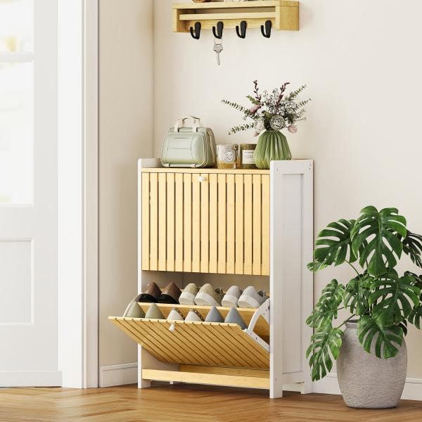 Sapateira Estreita com 2 Portas de Bambu Prateleiras Ajustáveis para 12 Pares de Sapatos 60x24x82,5 cm Branco e Madeira