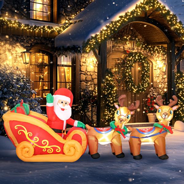 Pai Natal Insuflável com Trenó e Renas Insufláveis de Natal com Luzes LED para Exterior e Interior 240x75x100 cm Multicor