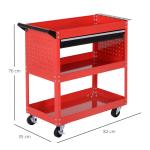 Carrinho de Ferramentas com 3 Bandejas e Gaveta Rodas com Travões Pega Lateral Painel Lateral Perfurado 82x35x76 cm Vermelho
