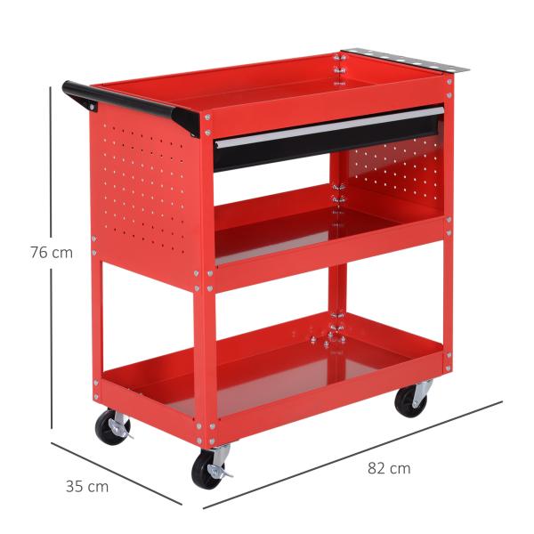 Carrinho de Ferramentas com 3 Bandejas e Gaveta Rodas com Travões Pega Lateral Painel Lateral Perfurado 82x35x76 cm Vermelho
