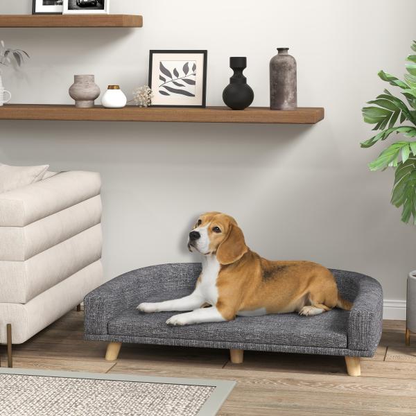 Sofá para Cães Cama Elevada para Cães Estofada com Almofada Lavável e Pés de Madeira de Pinho 98x67x25 cm Cinza Escuro