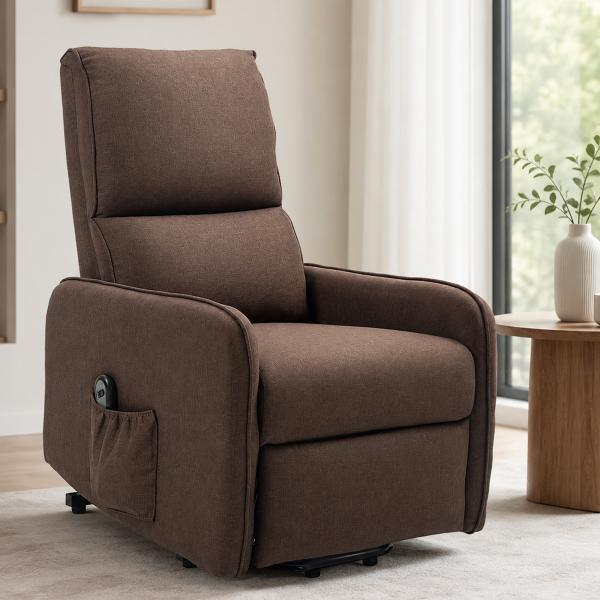 Poltrona Relax Elétrica Elevatória em Tecido Efeito Linho com Comando, Assento com Molas, Apoia - pés, Castanho