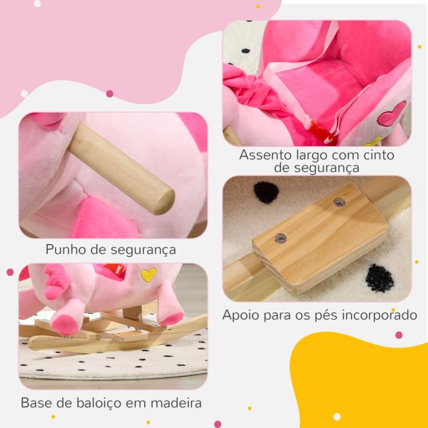 Cavalo Baloiço para Bebés Baloiço em Forma de Unicornio com Música Cinto de Segurança e Apoio para os Pés 65x35x45 cm Rosa