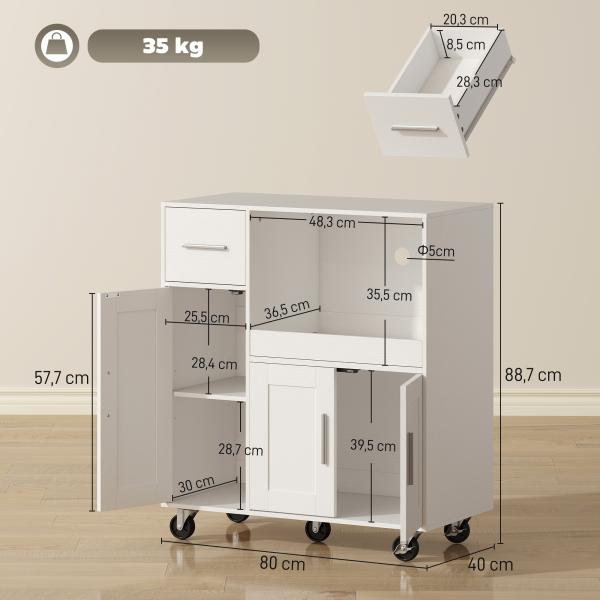 Móvel Auxiliar de Cozinha com Rodas para Microondas com Bandeja Deslizante Gaveta 3 Portas Prateleira Ajustável 80x40x88,7 cm Branco