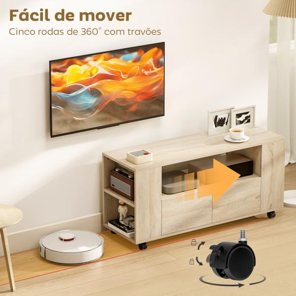 Móvel de TV com Rodas para Televisão até 42 Polegadas com 2 Gavetas Prateleiras Ajustáveis 102x34,5x48,5 cm Madeira