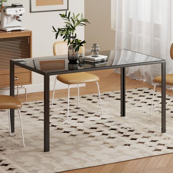 Mesa de Refeição de Vidro Mesa Retangular para 6 Pessoas com Pés de Metal 140x80x75 cm Preto