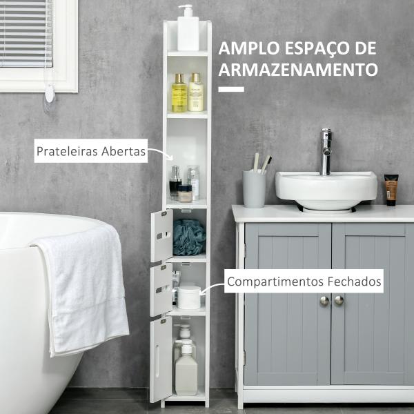 Coluna Casa de Banho com 3 Portas e 3 Prateleiras Abertas Coluna Auxiliar Estilo Moderno 15x17x120cm Branco