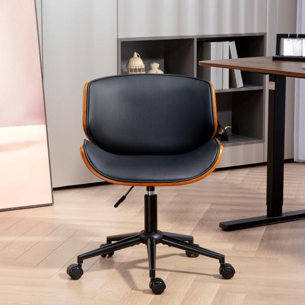 Cadeira de Escritório sem Braços Cadeira de Secretária Vintage Giratória Estofada em PU Altura Ajustável 52x54x74 - 84 cm Preto e Madeira